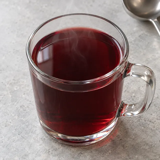 Dunkelrote Feuerzangenbowle in einer hitzebeständigen Glastasse