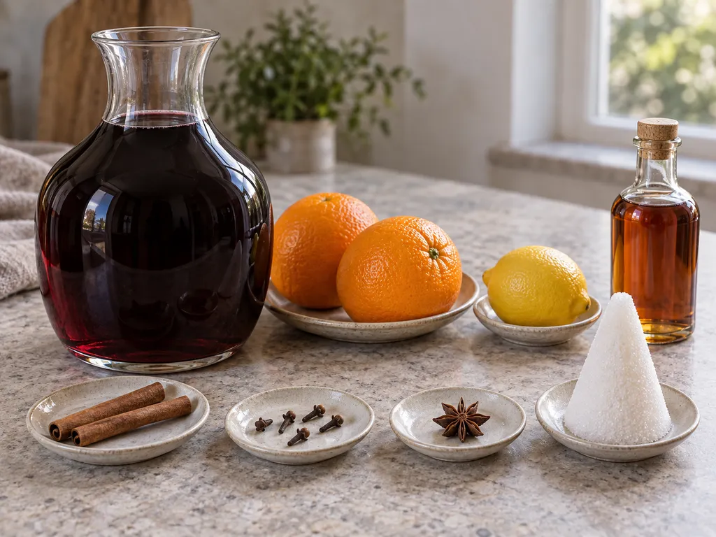Rotwein, Rum, Zuckerhut, zwei Orangen, Zitrone, Zimt, Nelken und Sternanis
