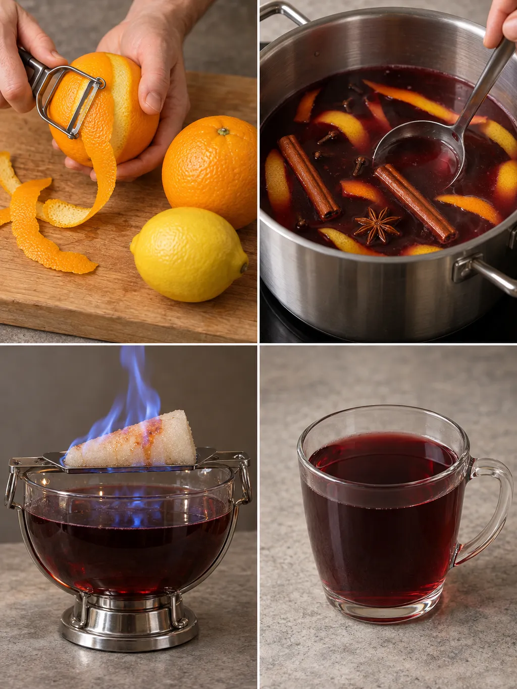 Zitrusvorbereitung, Gewürzwein, brennender Zuckerhut und fertig servierte Feuerzangenbowle