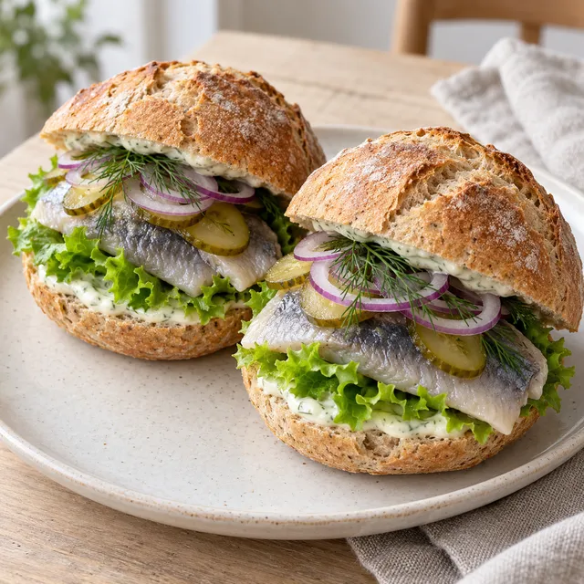 Fischbrötchen mit Bismarckhering, Gurken, roten Zwiebeln und Dill