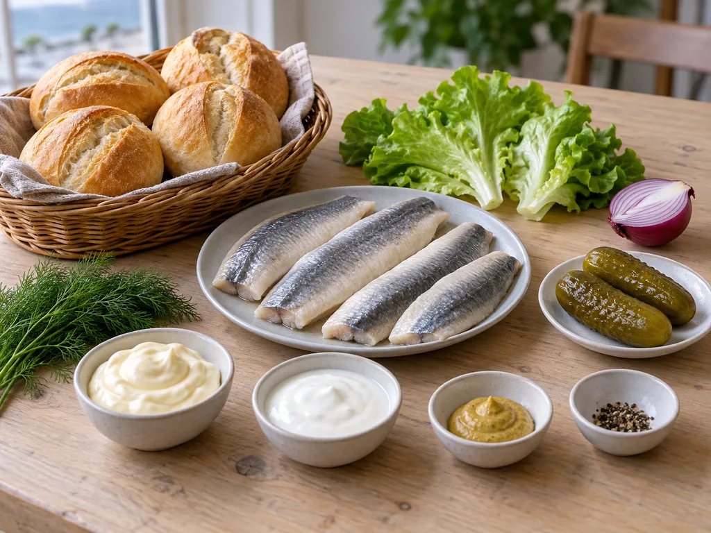 Brötchen, Bismarckhering, Salat, Gurken und Zutaten für die Dillsoße