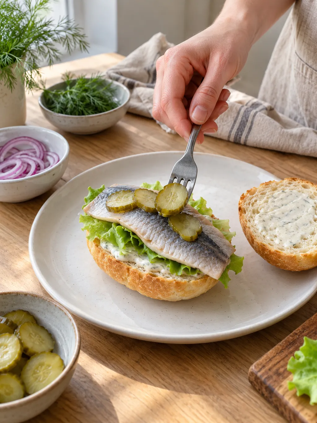 Ein Fischbrötchen wird mit Bismarckhering und dünnen Gurkenscheiben belegt