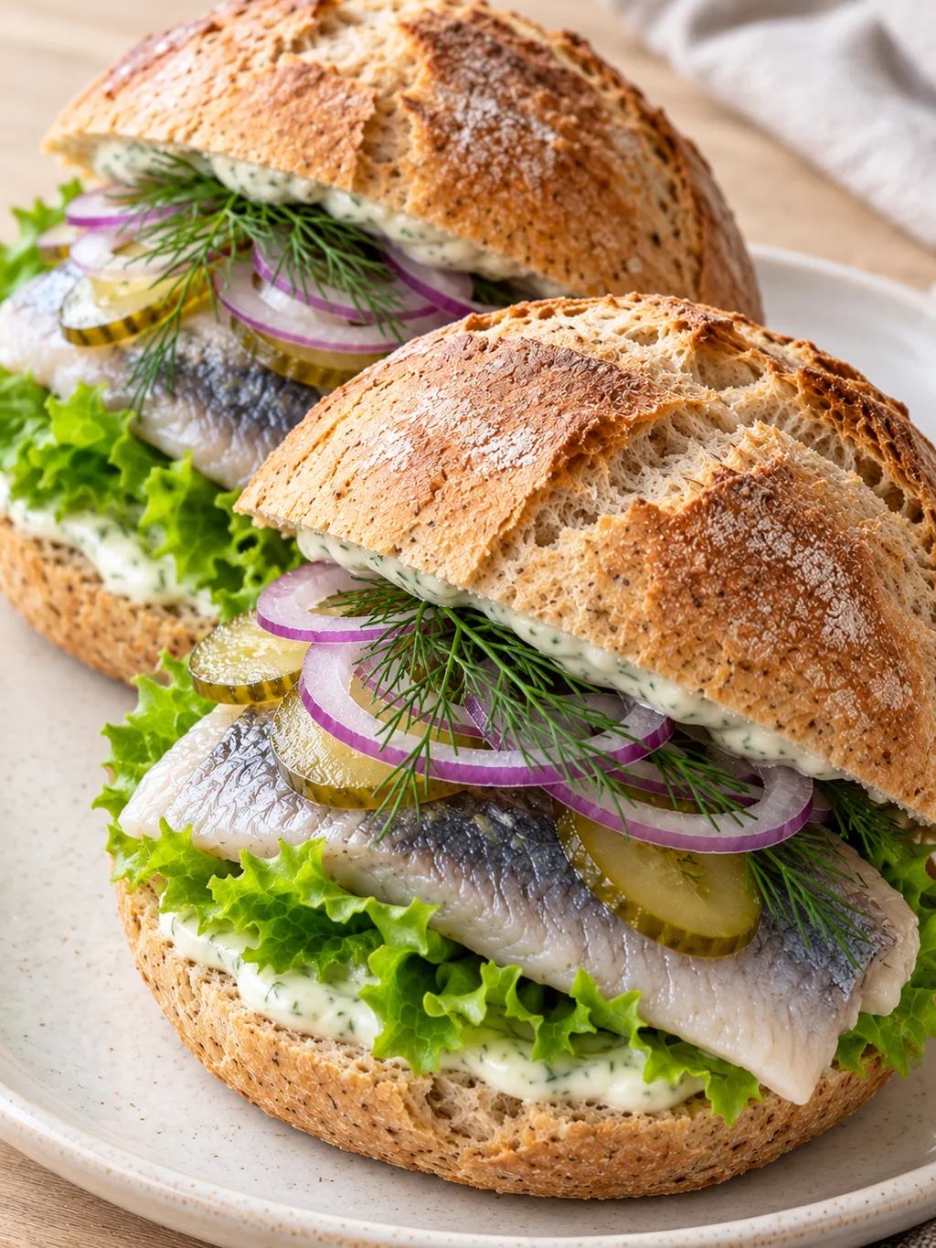 Knusprige Fischbrötchen mit Hering, Dillsoße und roten Zwiebelringen