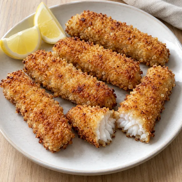 Goldbraune Fischstäbchen mit Pankokruste, weißem Kabeljaukern und Zitronenspalten