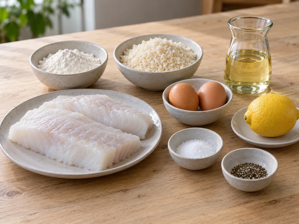Kabeljau, Mehl, zwei Eier, Panko, Salz, Pfeffer, Rapsöl und Zitrone zum Panieren