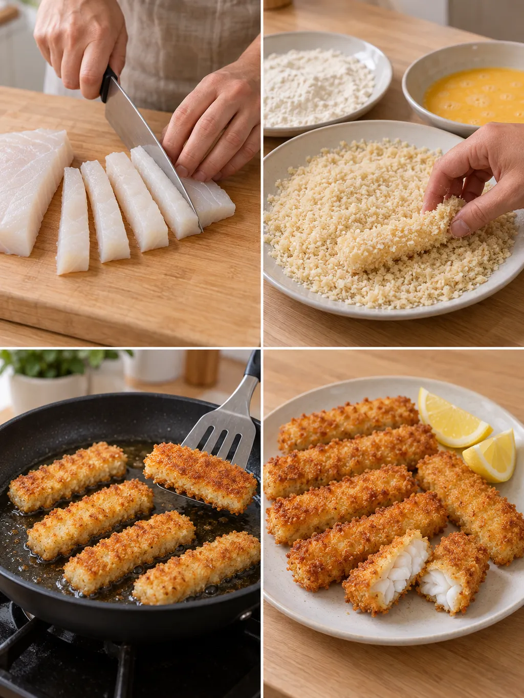 Kabeljau schneiden, mit Panko panieren, goldbraun braten und mit Zitrone servieren