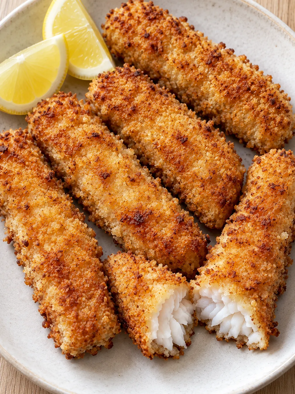 Knusprige Kabeljau-Fischstäbchen mit sichtbarem saftigem Kern und Zitronenspalten