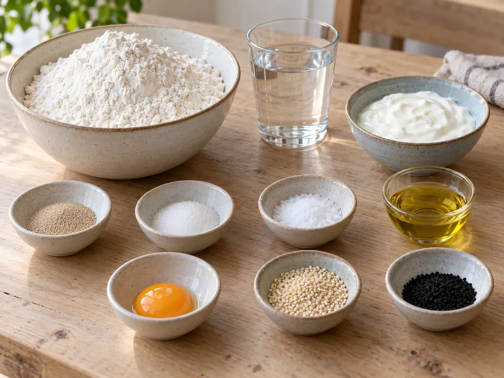 Mehl, Hefe, Joghurt, Öl, Eigelb, Sesam und Schwarzkümmel für Fladenbrot