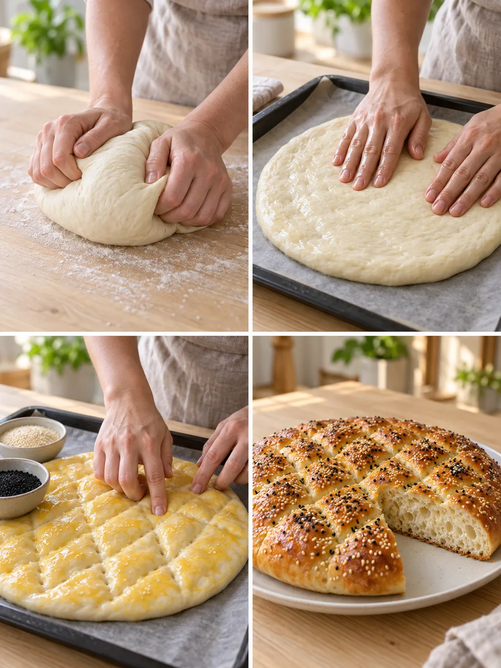 Fladenbrot beim Kneten, Formen, Eindrücken der Rauten und fertig gebacken