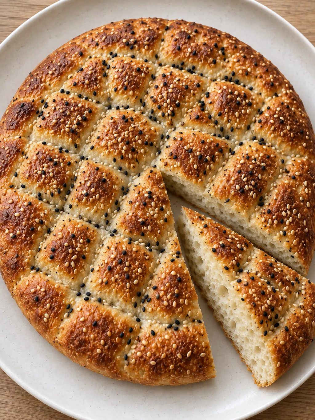 Fladenbrot mit goldbraunem Rautenmuster, Sesam und Schwarzkümmel