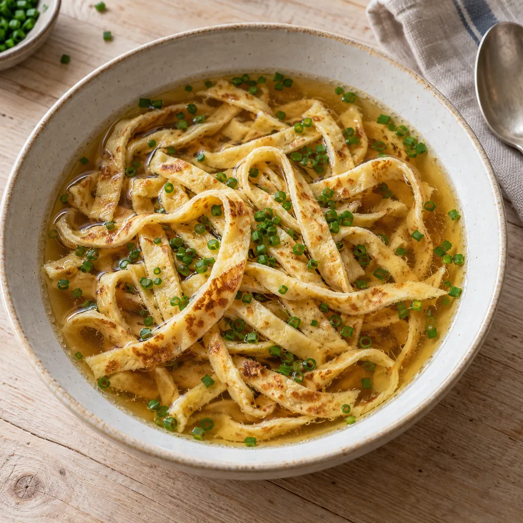 Flädlesuppe mit feinen Pfannkuchenstreifen und Schnittlauch in klarer Rinderbrühe