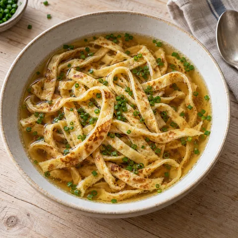 Flädlesuppe mit feinen Pfannkuchenstreifen und Schnittlauch in klarer Rinderbrühe