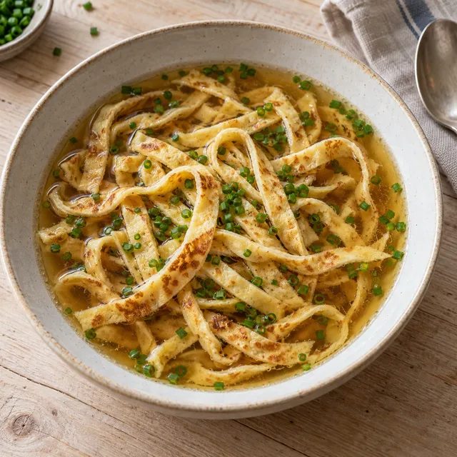 Flädlesuppe mit feinen Pfannkuchenstreifen und Schnittlauch in klarer Rinderbrühe