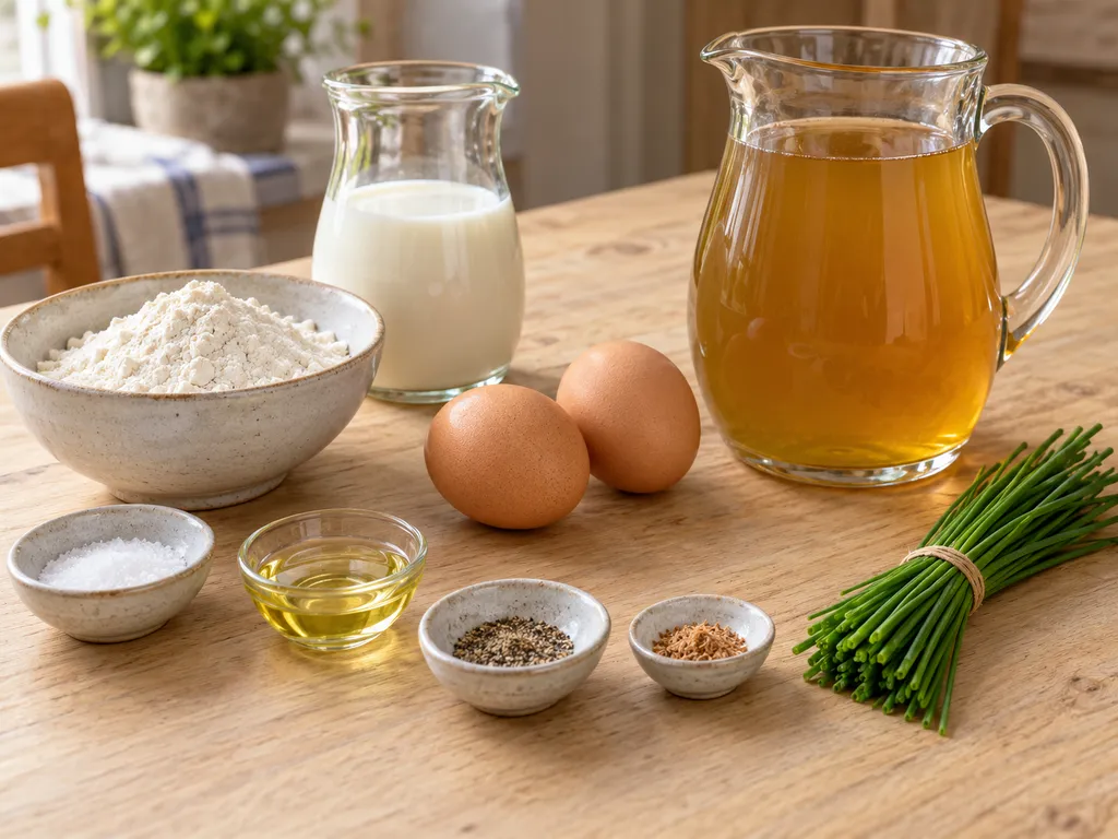 Mehl, Milch, zwei Eier, Öl, Gewürze, Rinderbrühe und Schnittlauch für Flädlesuppe