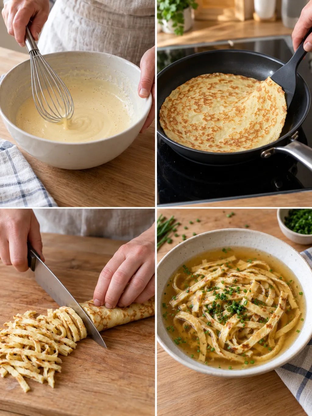 Teig rühren, Pfannkuchen backen, Flädle schneiden und fertige Suppe mit Schnittlauch