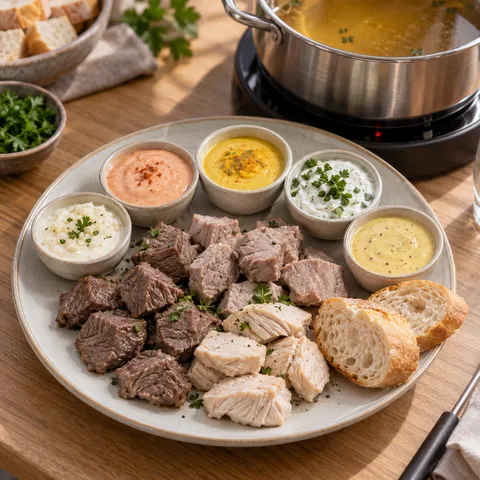Gegartes Fleischfondue mit fünf Soßen und Baguette neben einem Topf mit Brühe