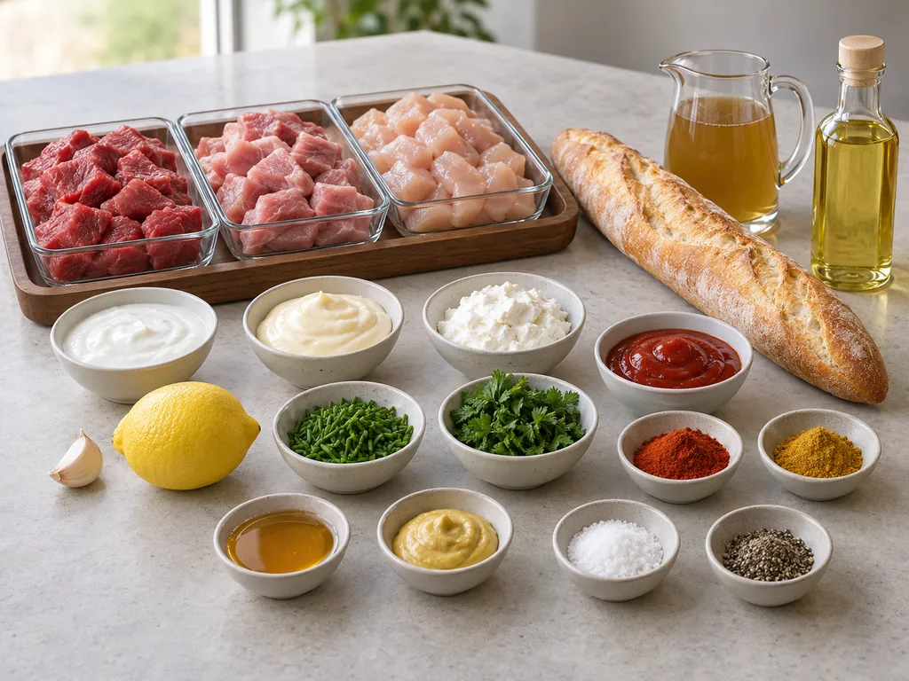 Drei Fleischsorten, Brot, Brühe, Öl und die Zutaten für fünf Fondue-Soßen
