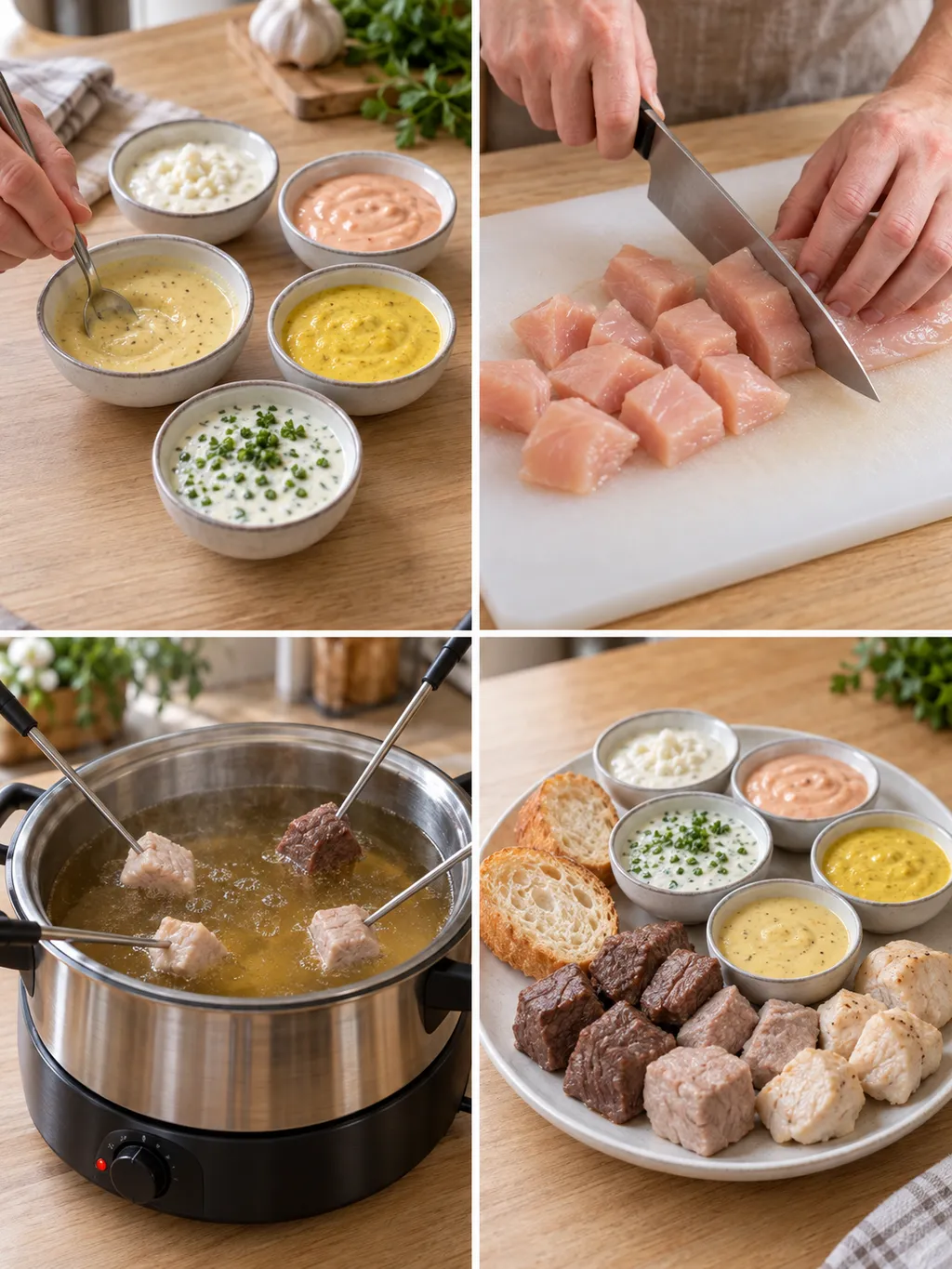 Soßen anrühren, Fleisch schneiden, in Brühe garen und Fleischfondue fertig servieren