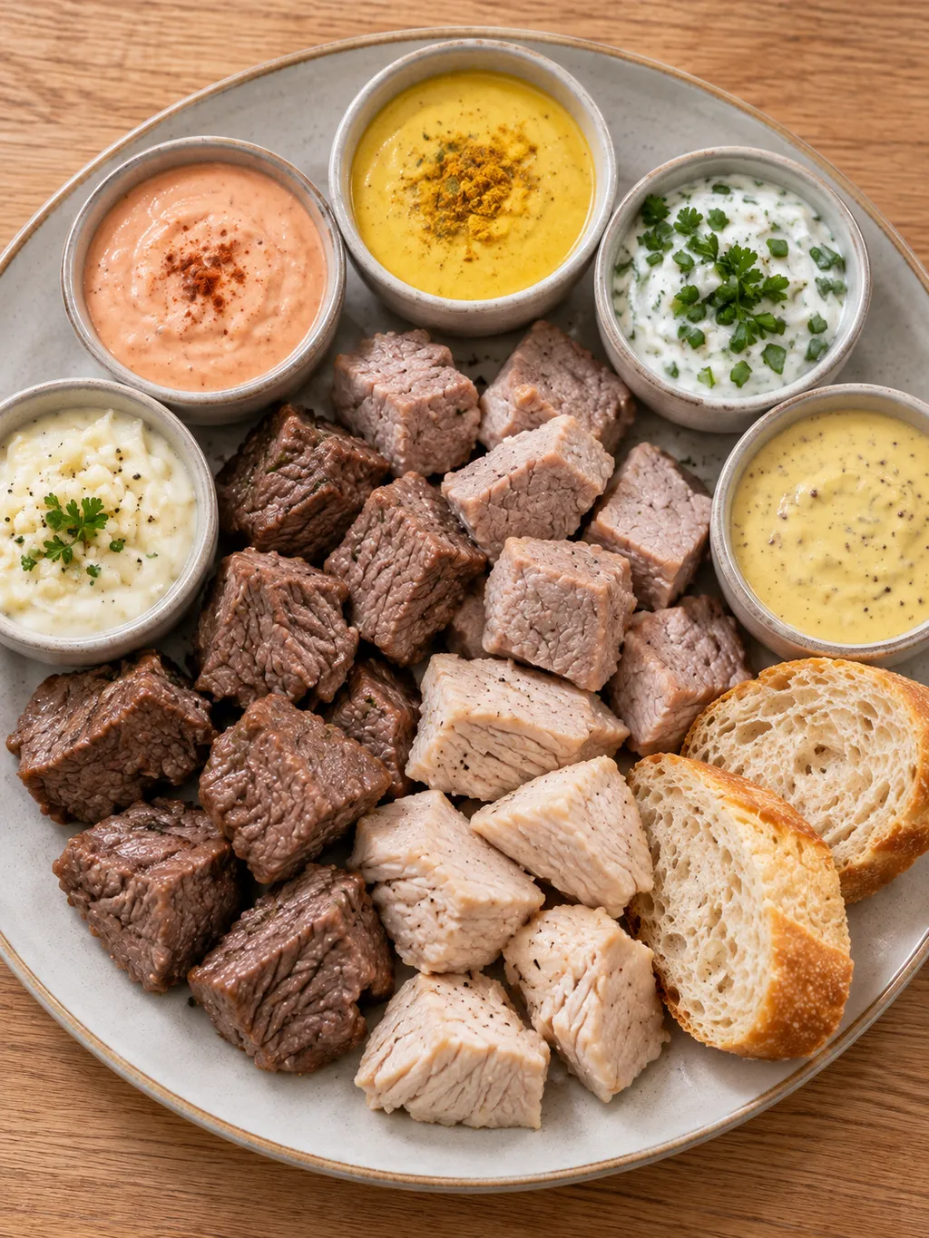 Fleischfondue aus Brühe mit Knoblauch-, Cocktail-, Curry-, Kräuter- und Senfsoße