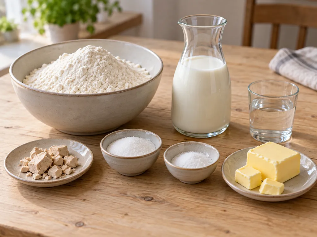 Mehl, Milch, Wasser, frische Hefe, Zucker, Salz und Butter für Toastbrot