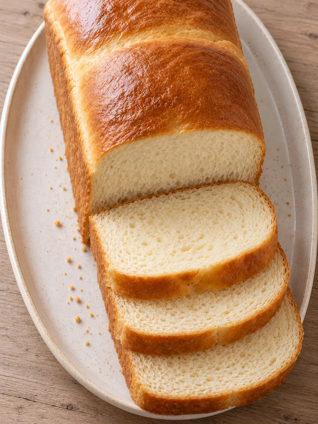 Goldbraunes Milchtoastbrot mit weichen Scheiben auf einer hellen Keramikplatte