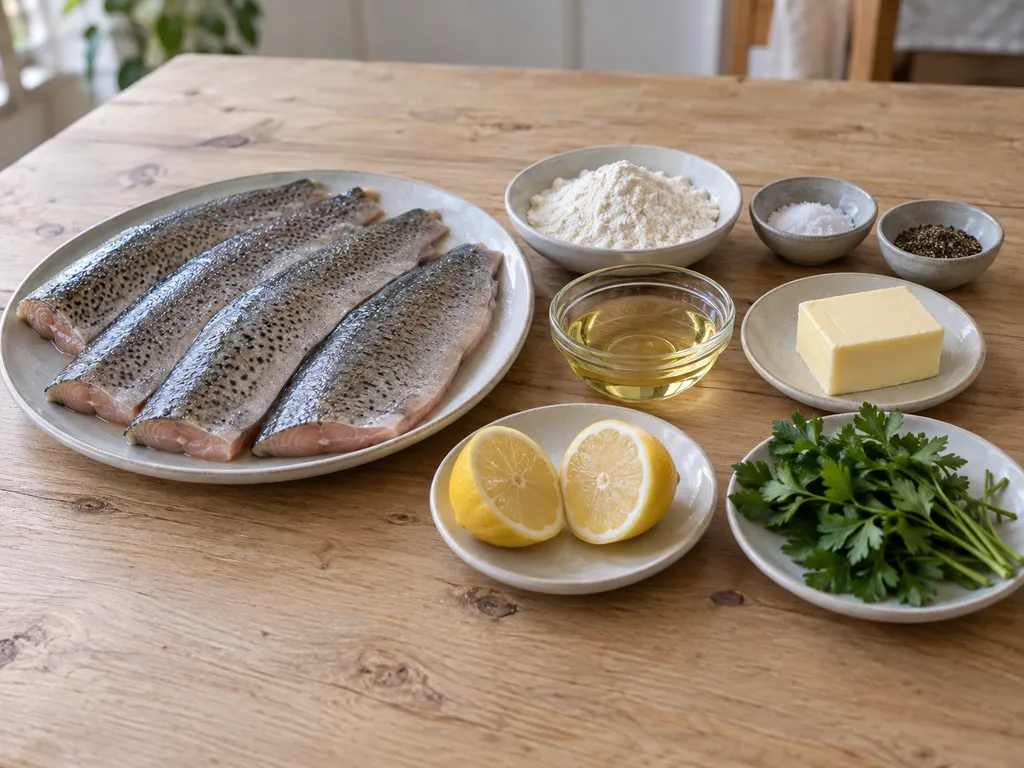 Forellenfilets mit Mehl, Butter, Rapsöl, Zitrone, Petersilie, Salz und Pfeffer