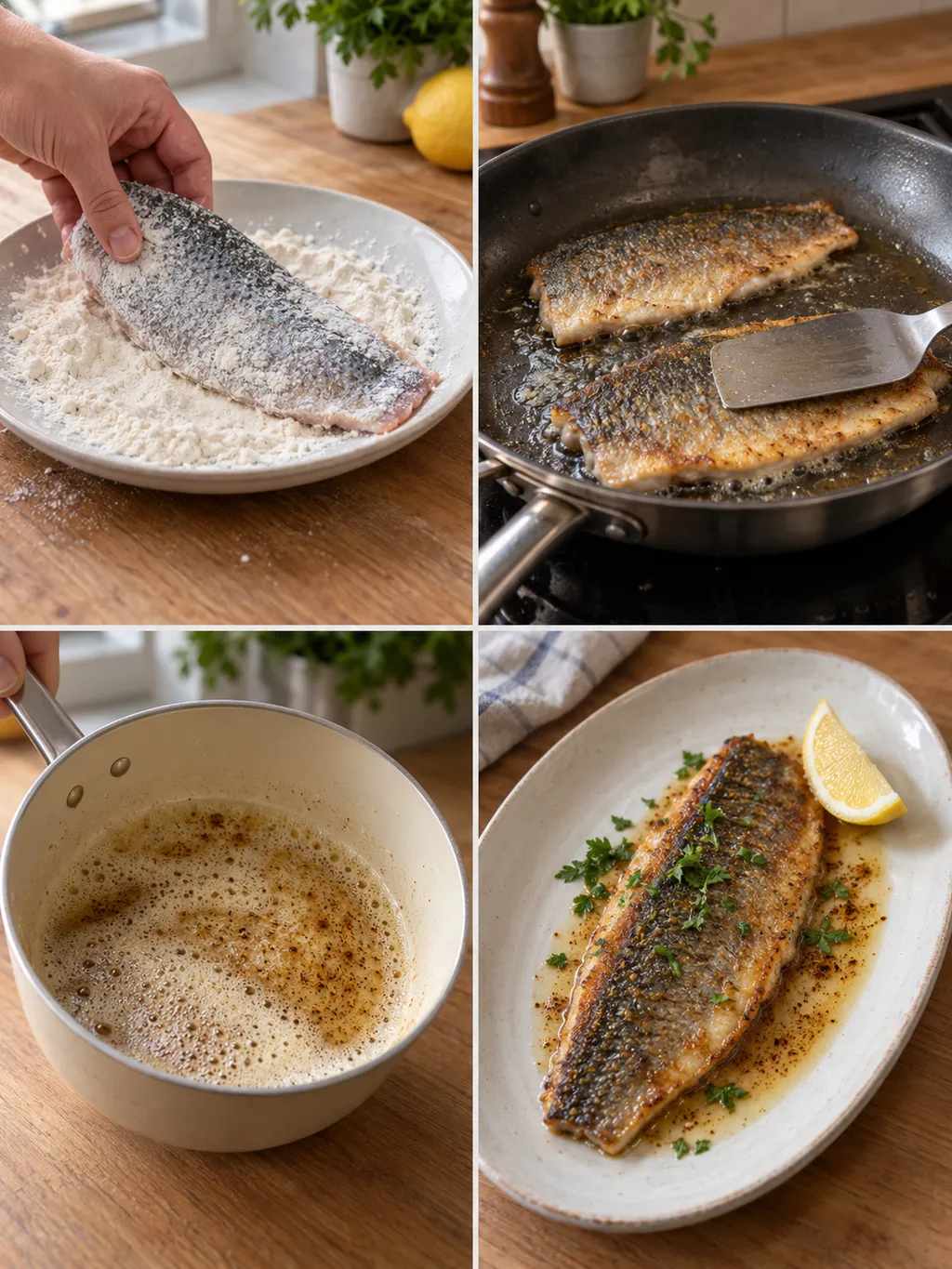 Forelle beim Mehlieren und Braten, braune Butter im Topf und das fertig angerichtete Filet