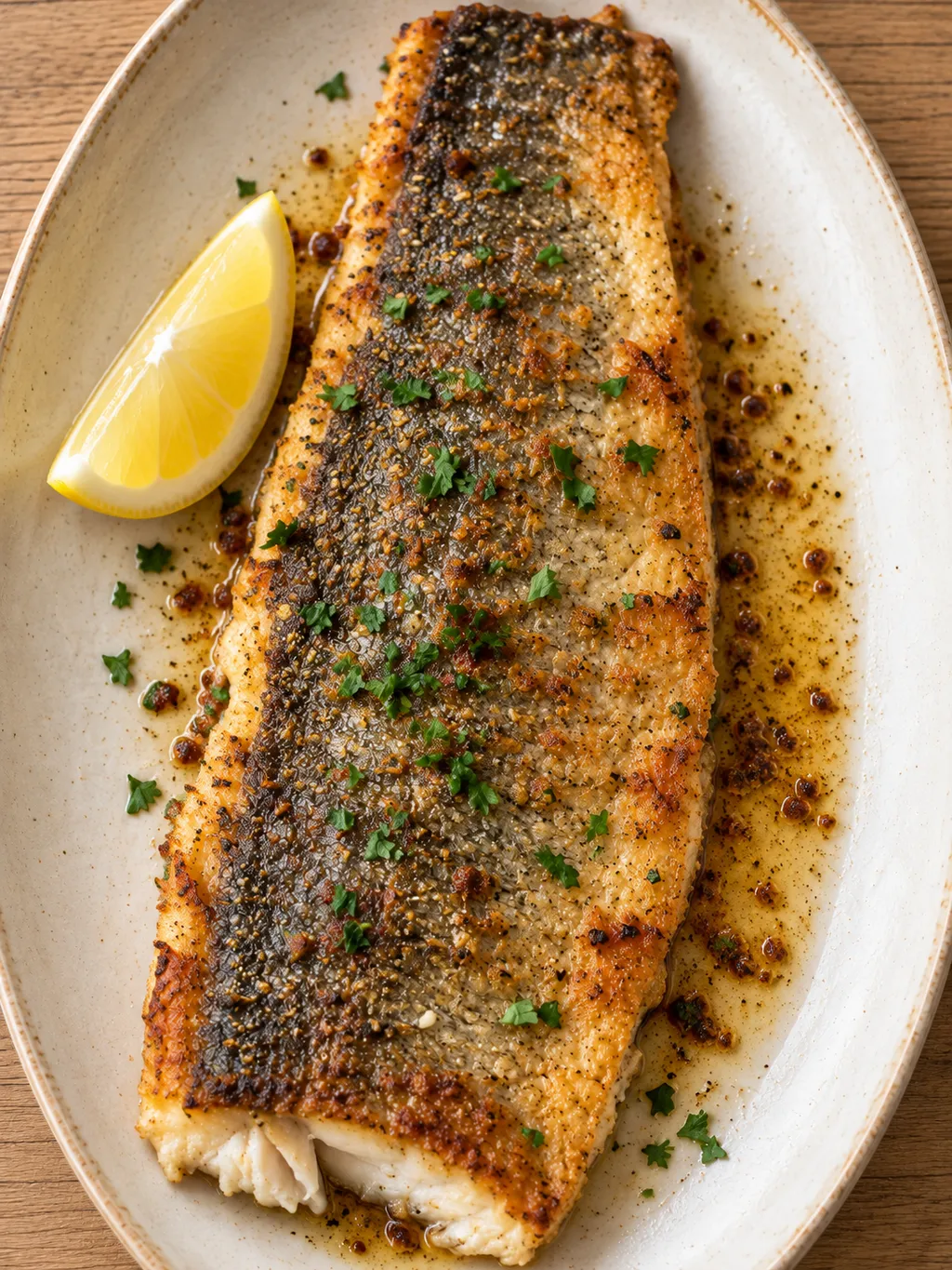 Goldbraunes Forellenfilet nach Müllerinart mit Petersilie, Zitronenspalte und brauner Butter