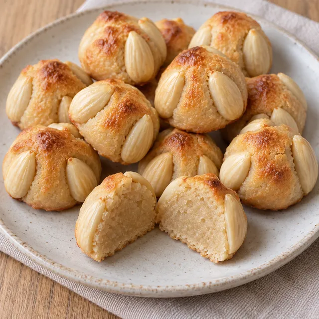 Goldene Bethmännchen mit je drei Mandelhälften und einem aufgeschnittenen Marzipankern