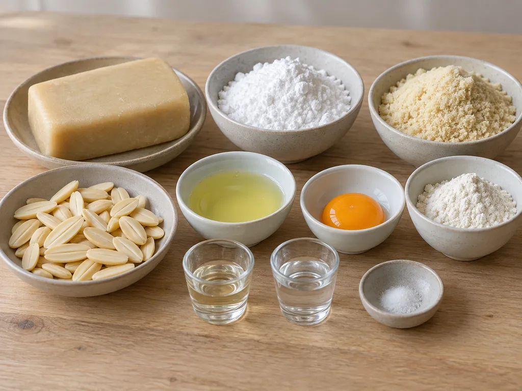 Marzipanrohmasse, Mandeln, Puderzucker, Mehl, getrenntes Ei und Rosenwasser für Bethmännchen