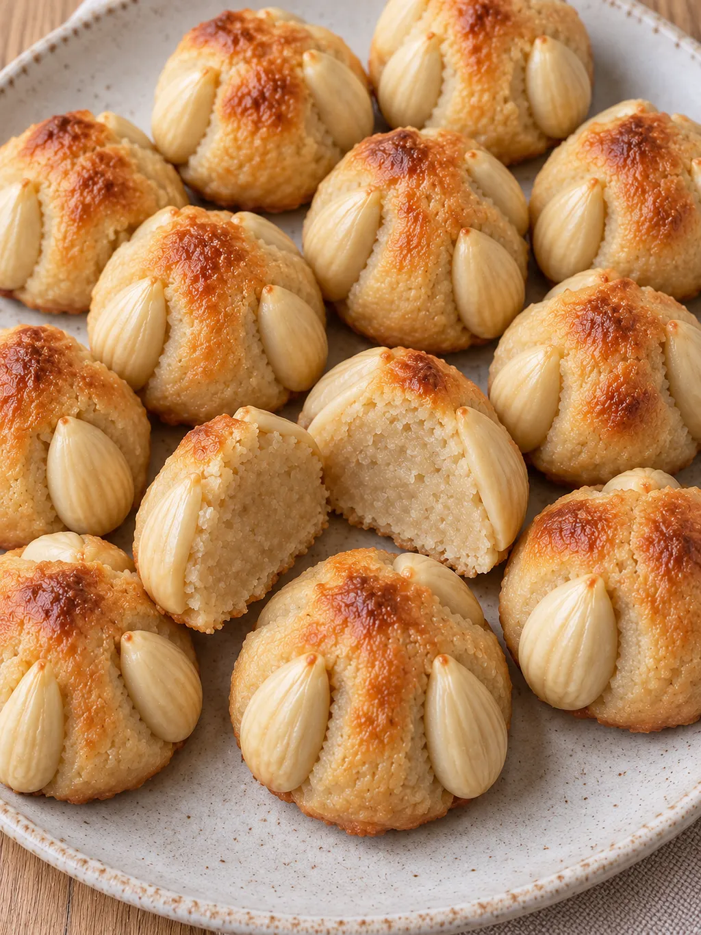 Bethmännchen mit goldener Oberfläche, drei Mandelhälften und weichem Marzipankern
