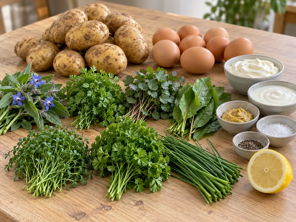Sieben Kräuter, Kartoffeln, acht Eier, Schmand, Joghurt, Senf und Zitrone für Grüne Soße
