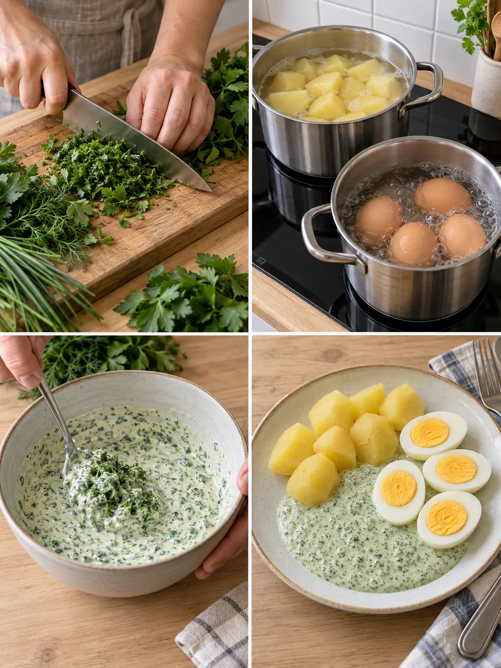 Kräuter hacken, Beilagen kochen und Grüne Soße verrühren, daneben das fertige Gericht