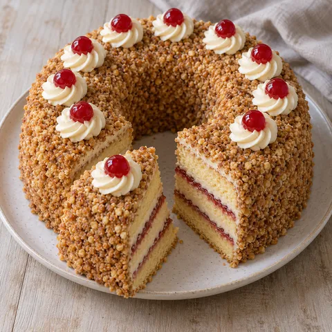Frankfurter Kranz mit Haselnusskrokant, Cremetupfen und einem angeschnittenen Stück