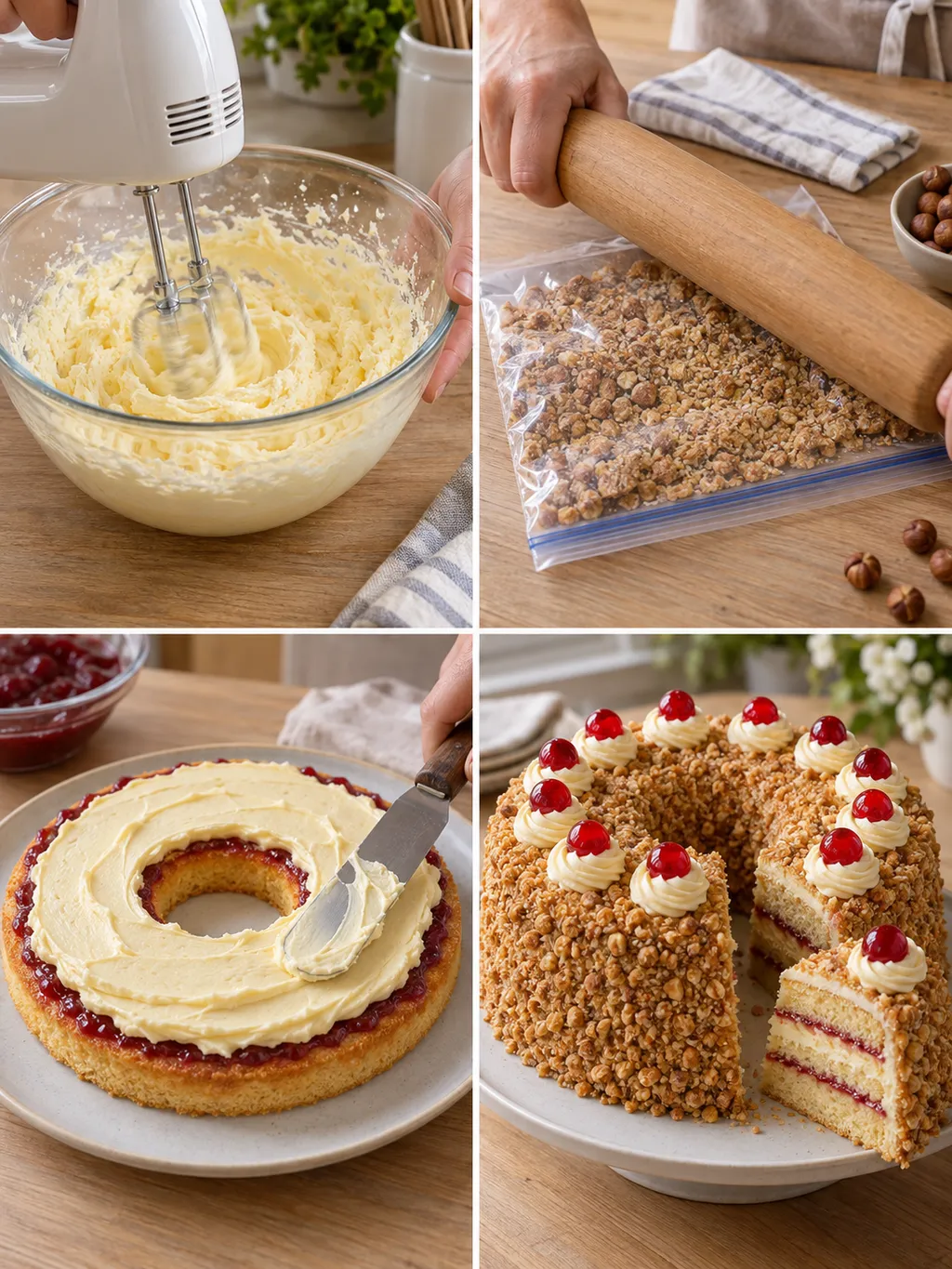 Butter aufschlagen, Krokant zerkleinern, Kranz füllen und fertig verzierter Frankfurter Kranz