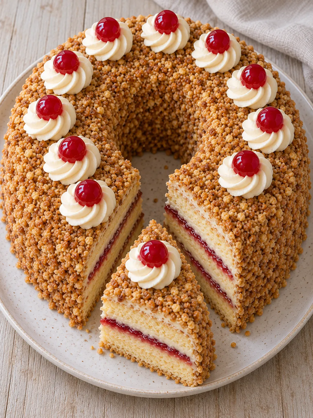 Frankfurter Kranz mit goldbraunem Krokant, roten Belegkirschen und sichtbarer Cremefüllung