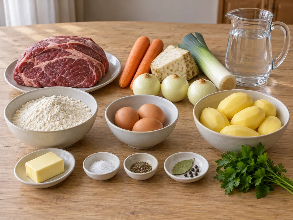 Rinderschulter, Suppengemüse, Kartoffeln, Mehl, Eier und Butter für Gaisburger Marsch