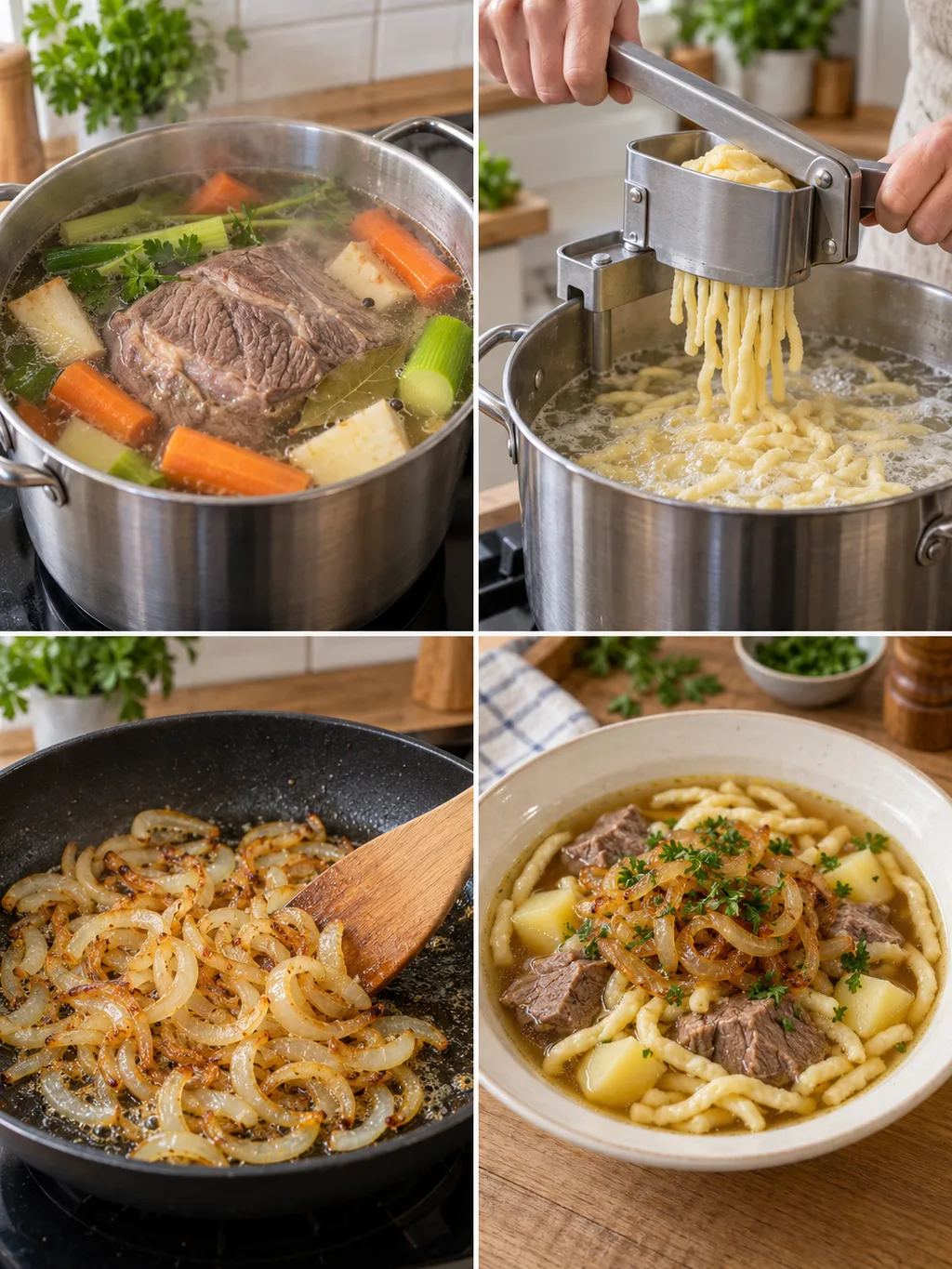Brühe kochen, Spätzle pressen, Zwiebeln braten und fertig angerichteter Gaisburger Marsch