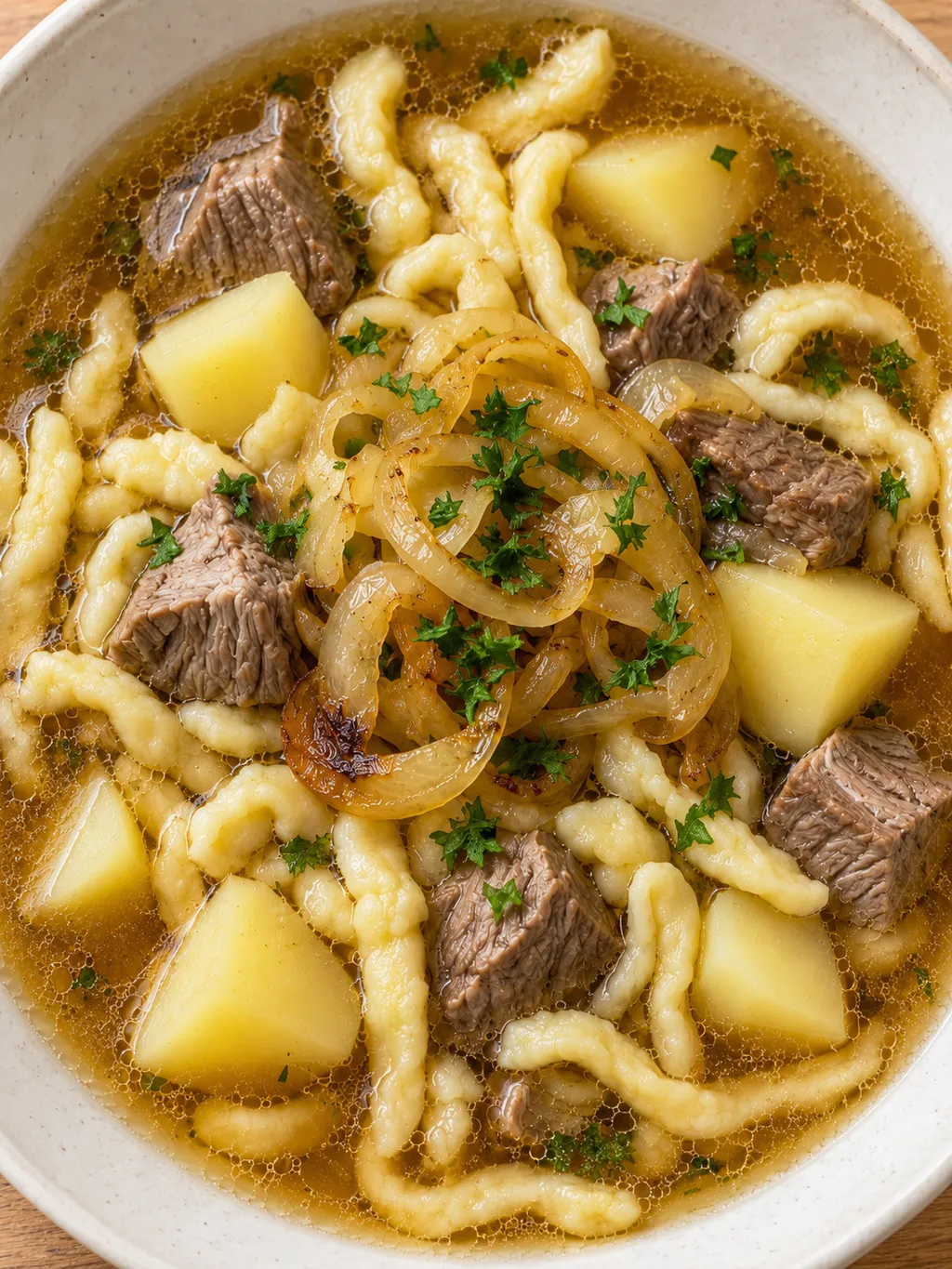 Gaisburger Marsch mit Spätzle, Kartoffelwürfeln, Rindfleisch und Petersilie