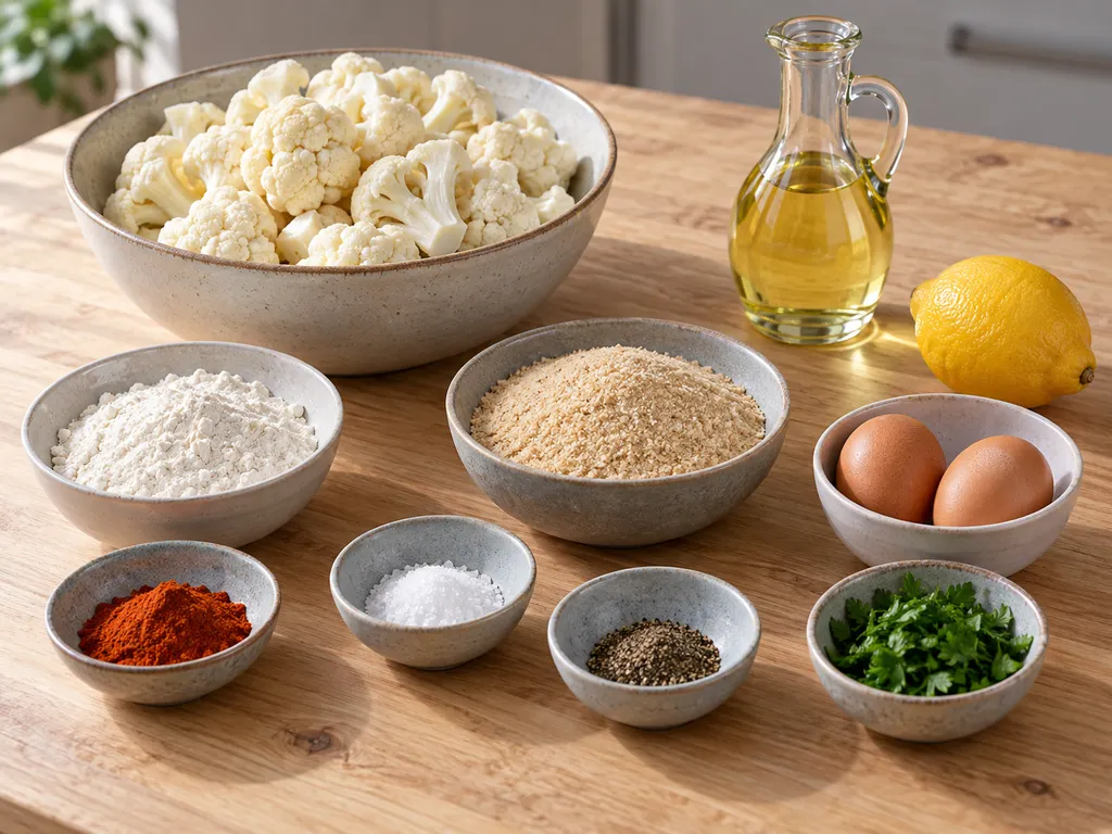 Blumenkohl, Eier, Mehl, Semmelbrösel, Gewürze, Rapsöl, Petersilie und Zitrone