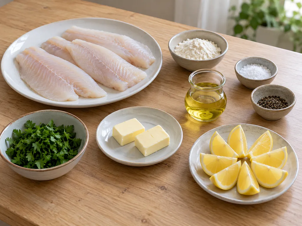 Schollenfilets, Mehl, Salz, Pfeffer, Rapsöl, Butter, Petersilie und Zitronenspalten