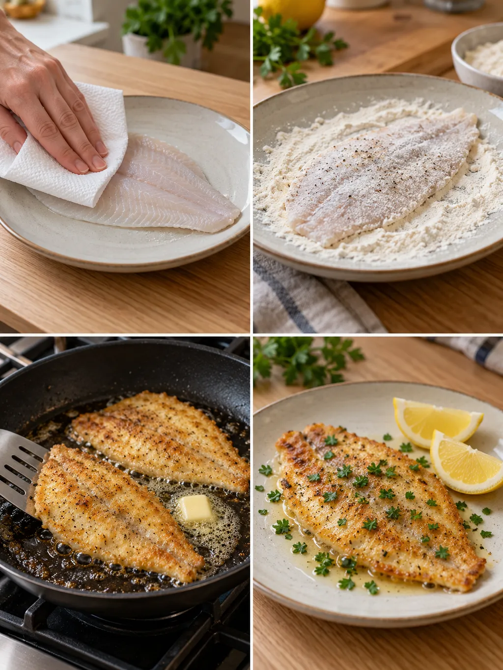 Schollenfilet beim Trockentupfen, Mehlieren und Braten sowie fertig mit Petersilie und Zitrone