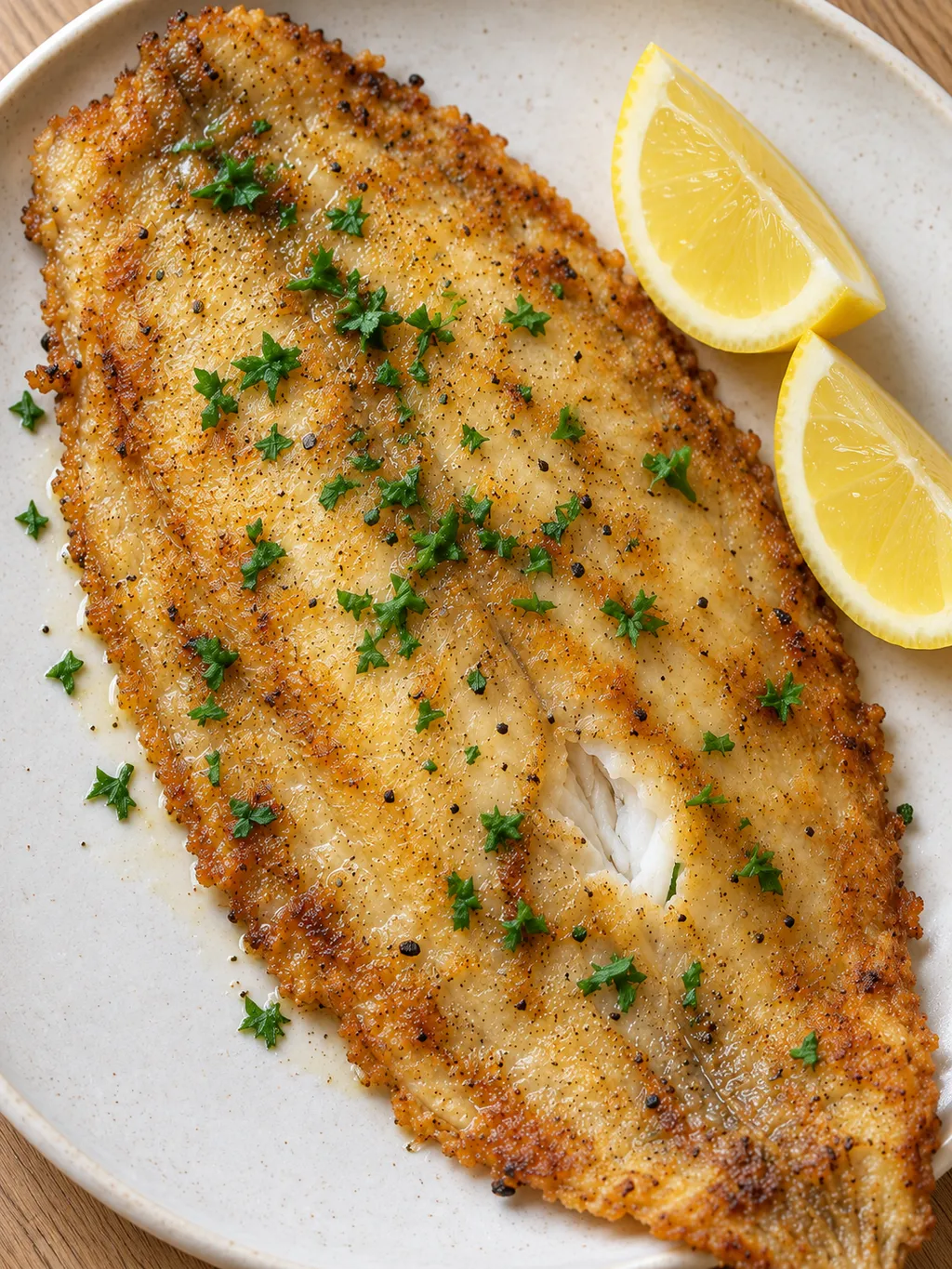 Goldbraunes Schollenfilet mit feiner Butterauflage, Petersilie und Zitronenspalten