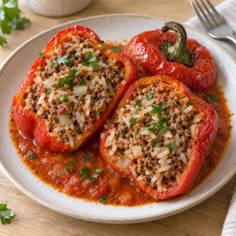 Rote Paprikaschote mit Hack-Reis-Füllung, Tomatensoße und Petersilie