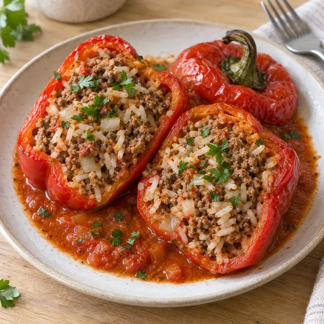 Rote Paprikaschote mit Hack-Reis-Füllung, Tomatensoße und Petersilie