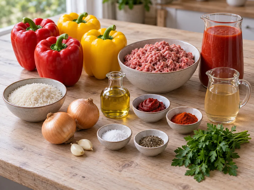 Paprika, Hackfleisch, Reis, Tomaten und Gewürze für gefüllte Paprikaschoten