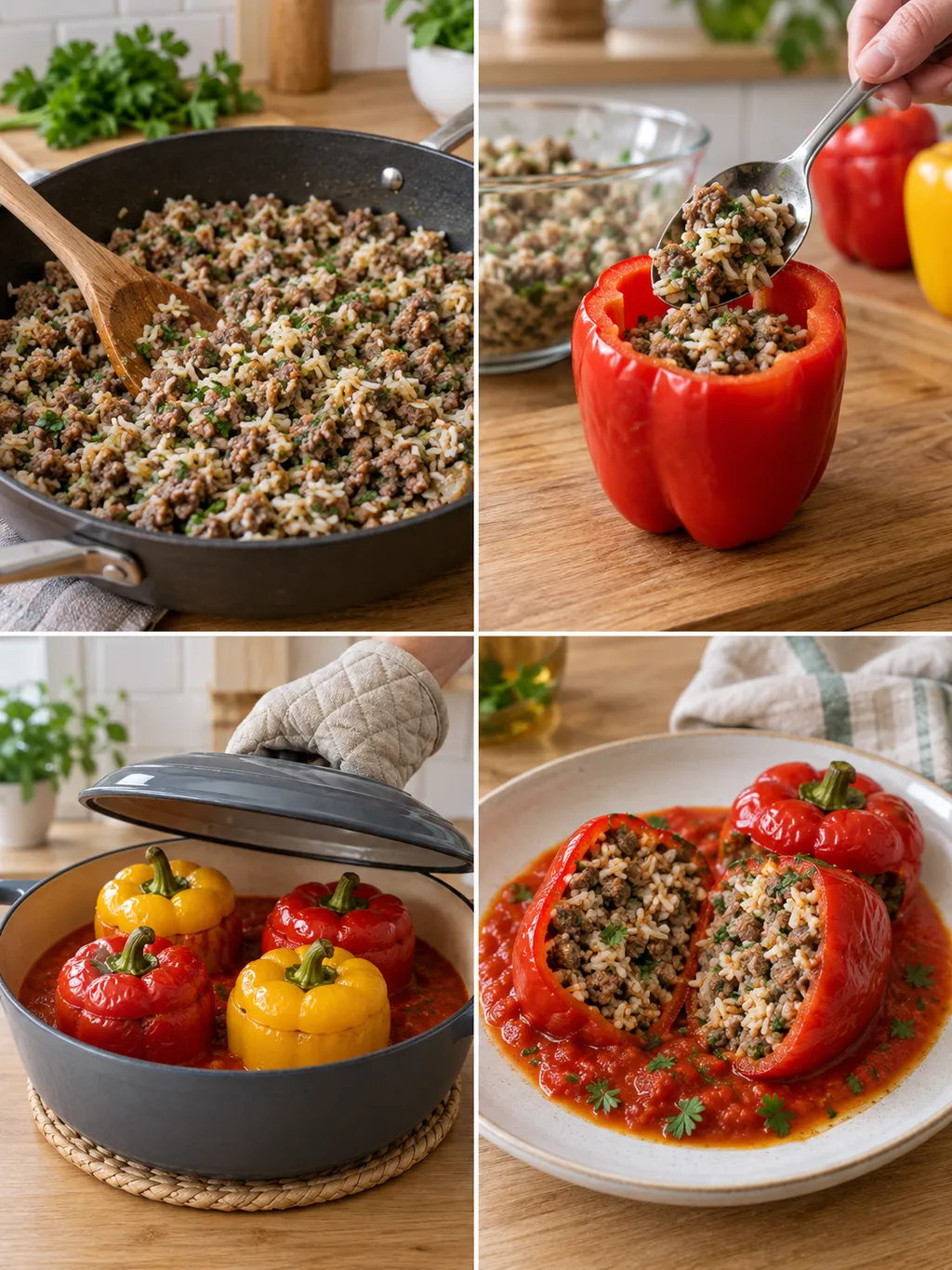 Hack-Reis-Füllung mischen, Paprika füllen und mit Tomatensoße fertig servieren