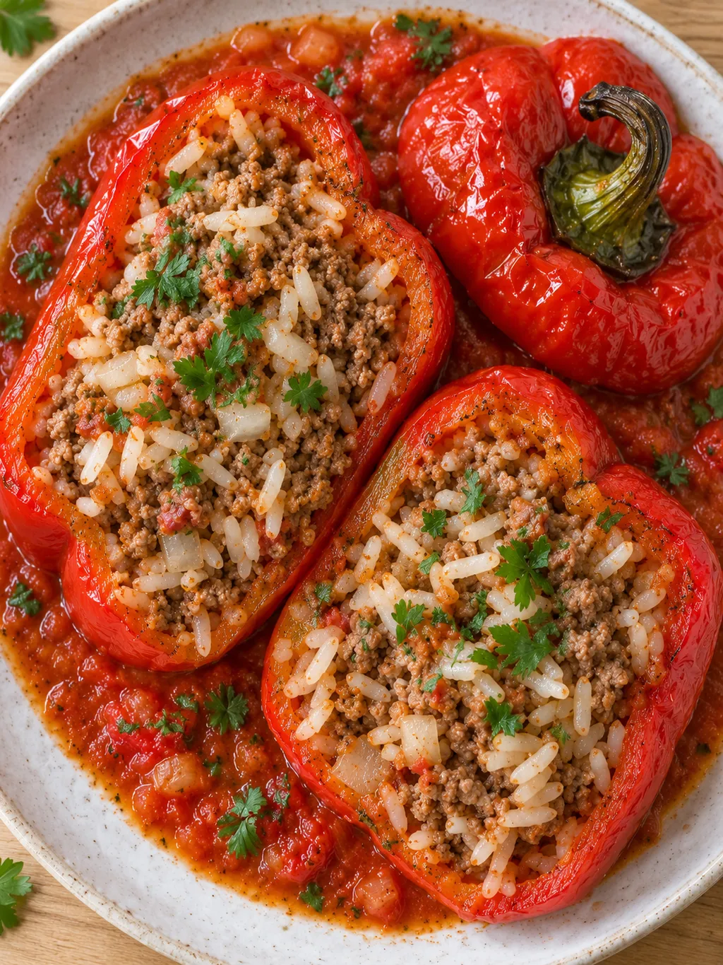 Halbierte gefüllte Paprika mit Hackfleisch, Reis und sämiger Tomatensoße