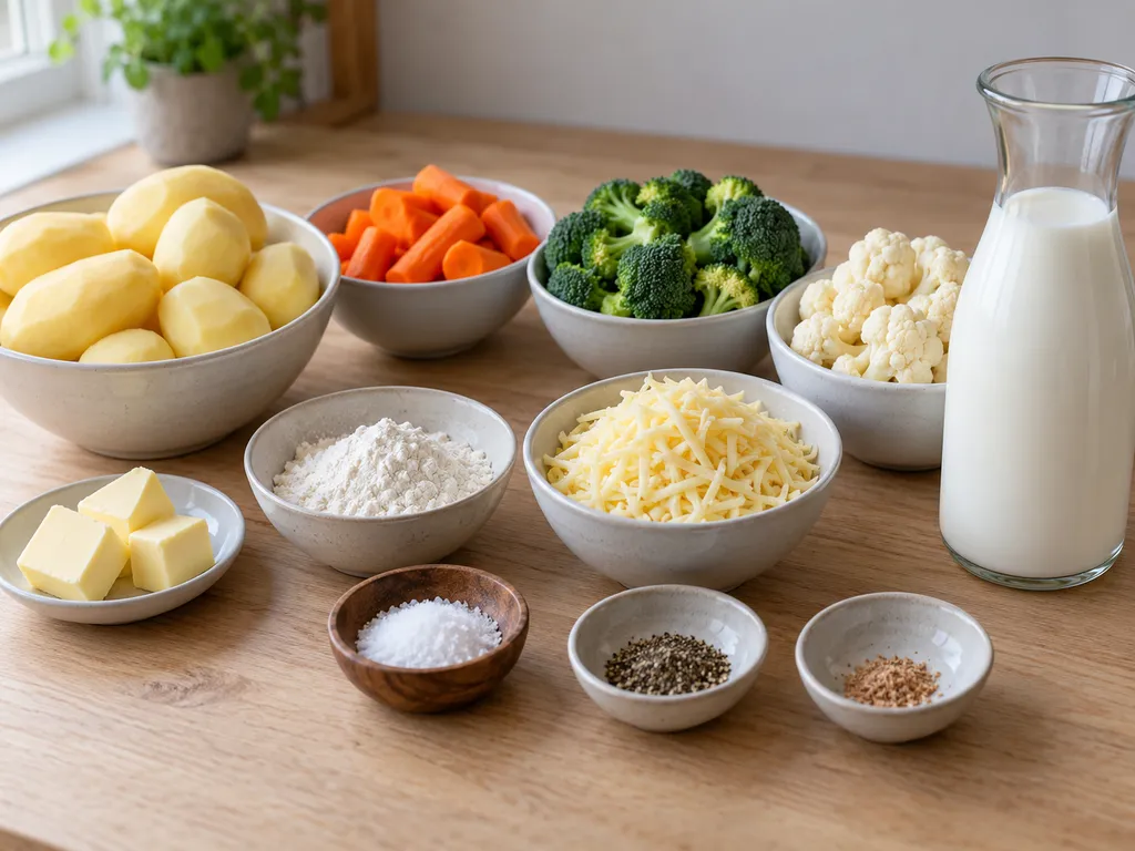 Kartoffeln, Brokkoli, Blumenkohl, Möhren und Zutaten für die Käsesoße