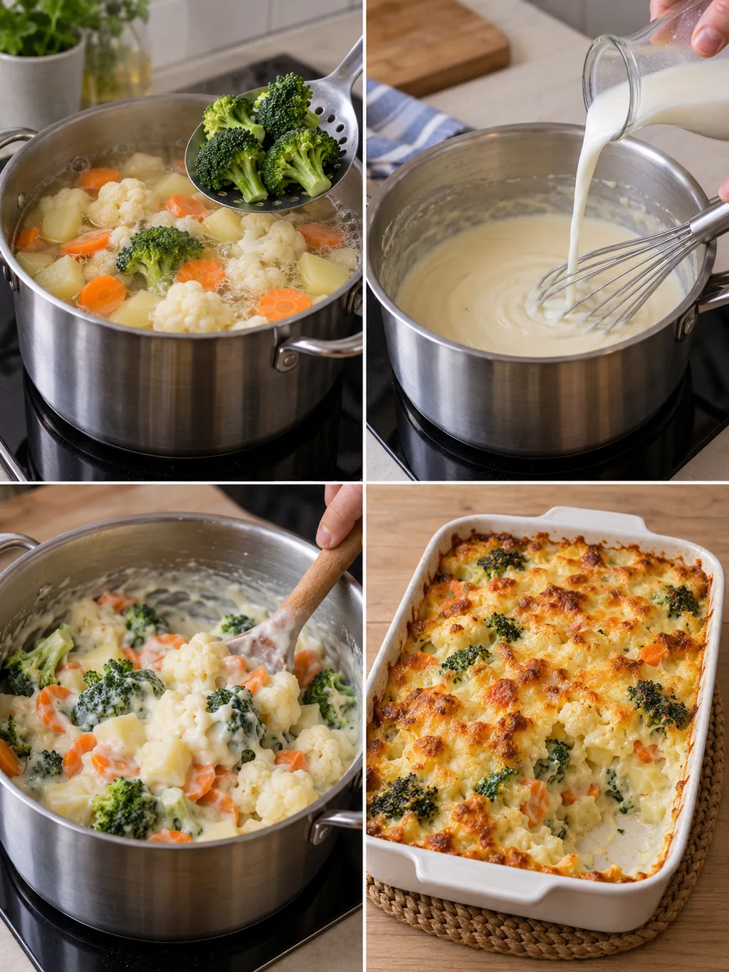 Gemüse vorgaren, Béchamel rühren, alles vermischen und den Auflauf überbacken
